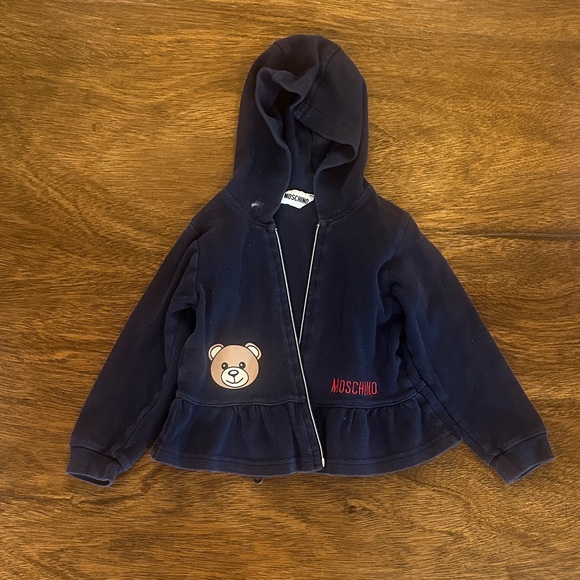 Moschino Kids Navy Hooded Zip Sweatshirt with Teddy Patch